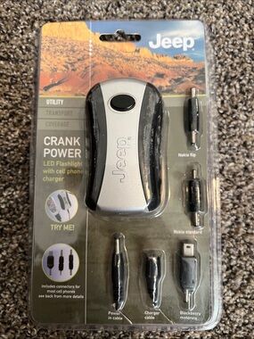 NWT Jeep Crank-Power LED Flashlight & Phone Charger - Silver and Black